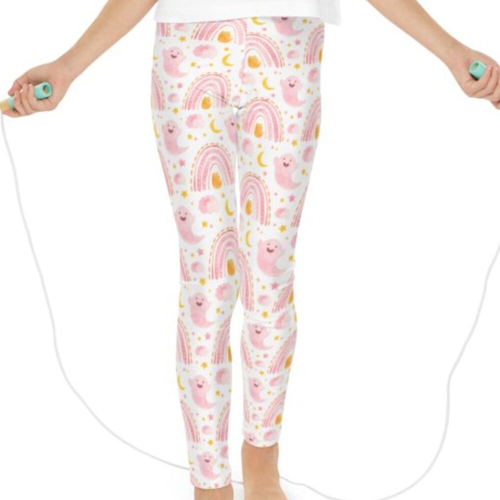 Pink and White Ghost Rainbow Halloween Yoga Leggings for Girls Fall Spooky